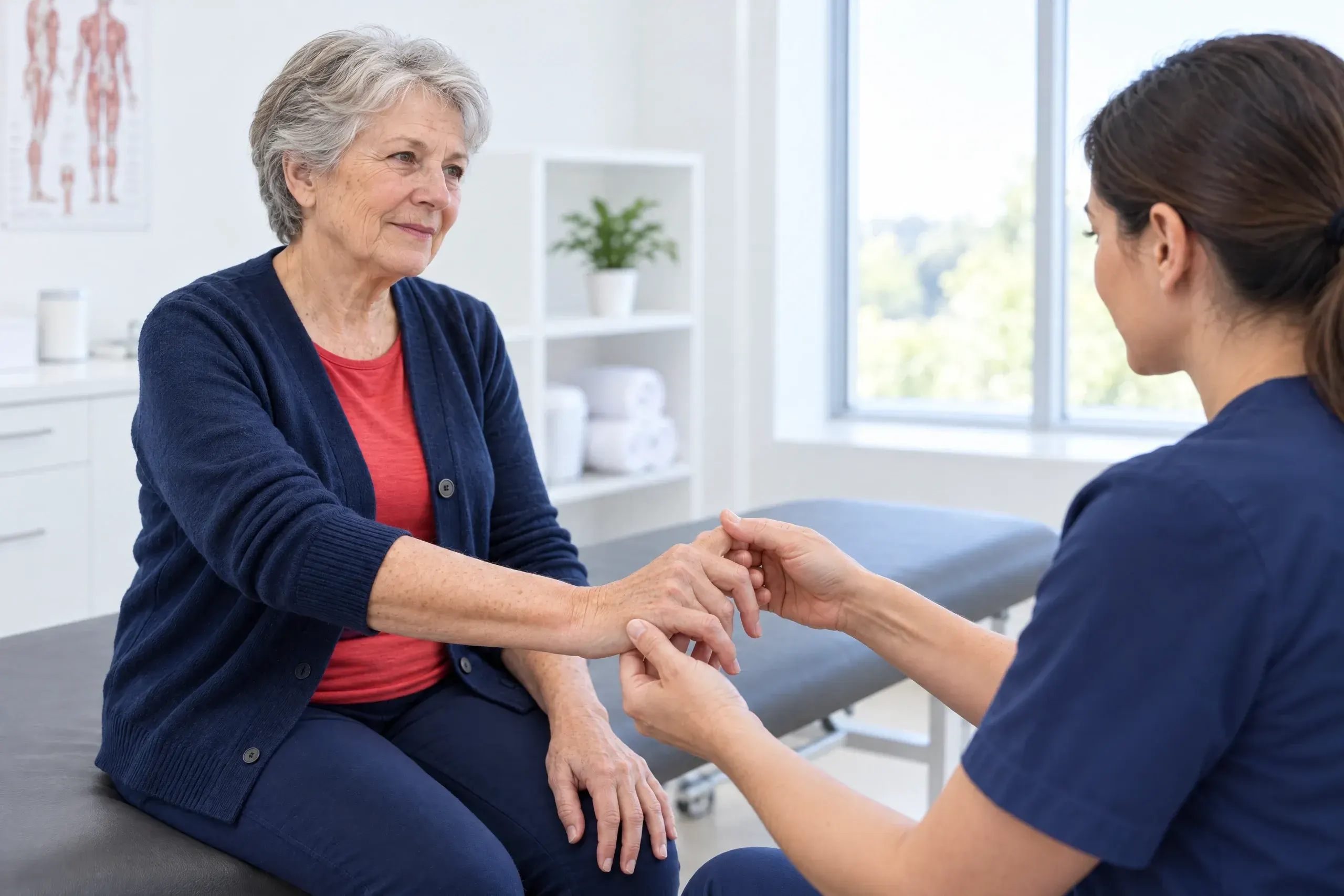 Older woman rubbing a stiff hand joint before arthritis pain relief care at Ready Pain Management in Gulf Breeze, FL