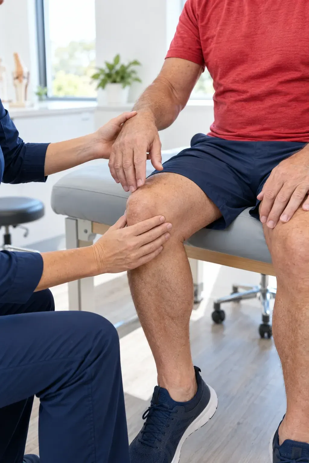Man pausing on a staircase with a stiff knee, a common sign of arthritis treated at Ready Pain Management, FL