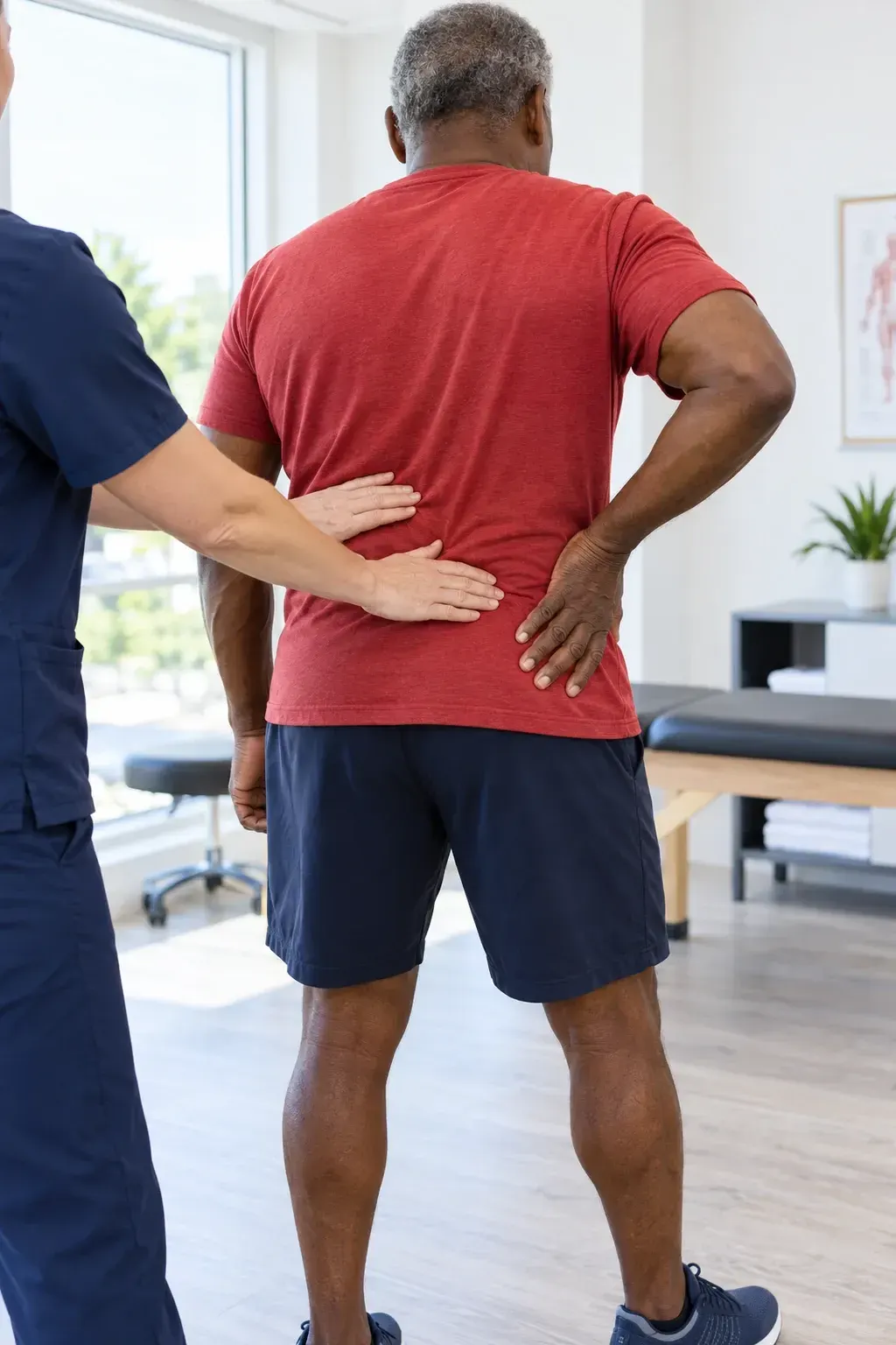 Adult patient describing lower back stiffness during an exam at Ready Pain Management in Gulf Breeze, FL