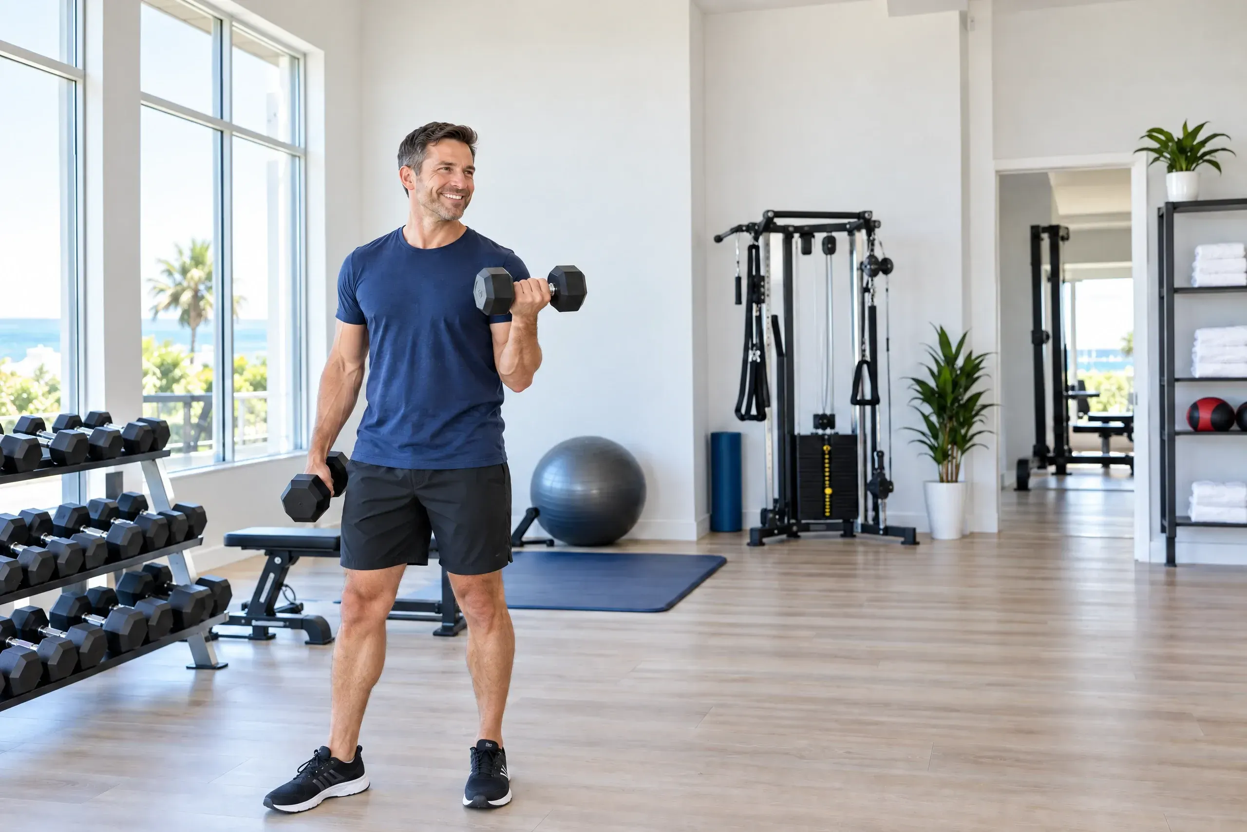 Adult doing a light dumbbell workout at home, showing how to keep muscle while losing weight with strength training