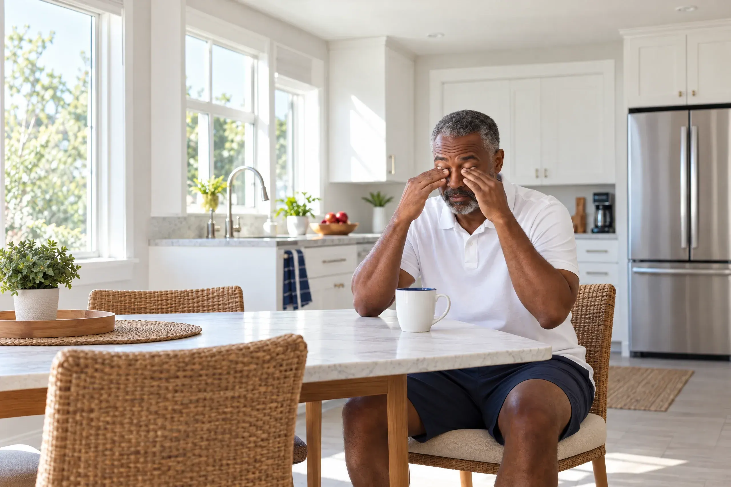 Middle-aged man resting on a couch looking tired, illustrating common low testosterone symptoms like fatigue