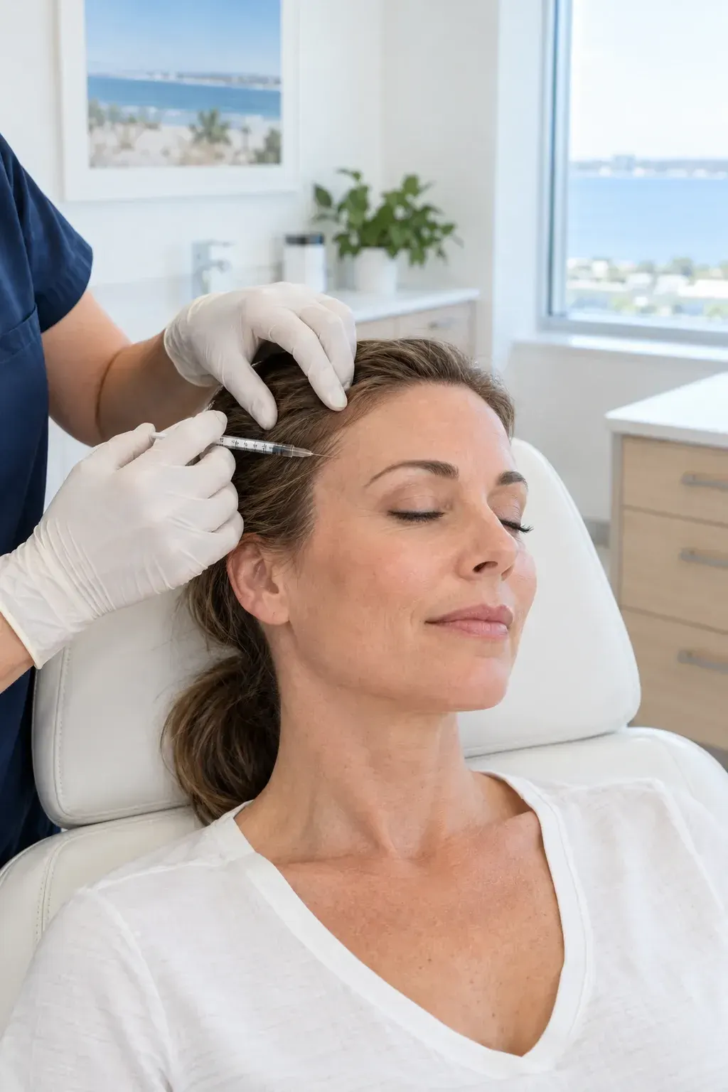 Man rubbing his tense neck and temple, showing the kind of muscle pain Botox for pain can treat in Gulf Breeze