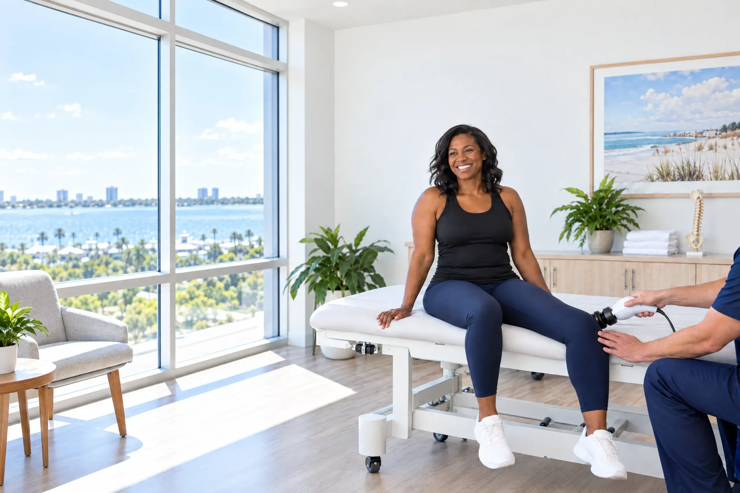 Patient relaxing during a Cellutone vibration therapy session on the thighs at Ready Pain Management in Gulf Breeze, FL