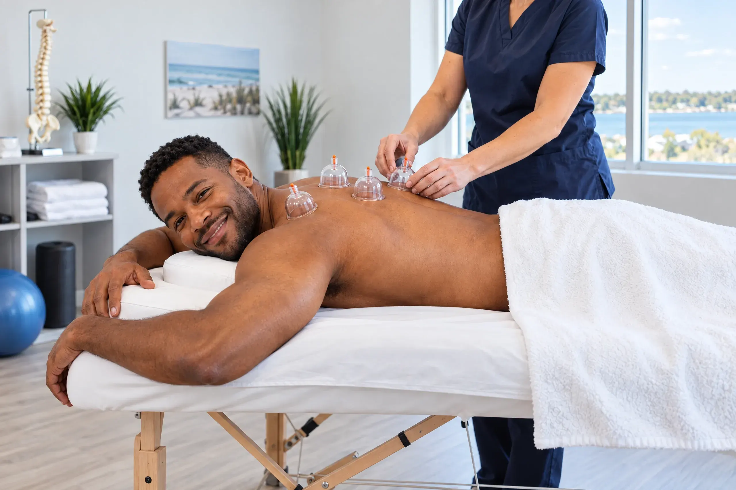 Kimberly Boler, LMT, placing vacuum cups on a patient's upper back during cupping therapy at Ready Pain in Gulf Breeze, FL