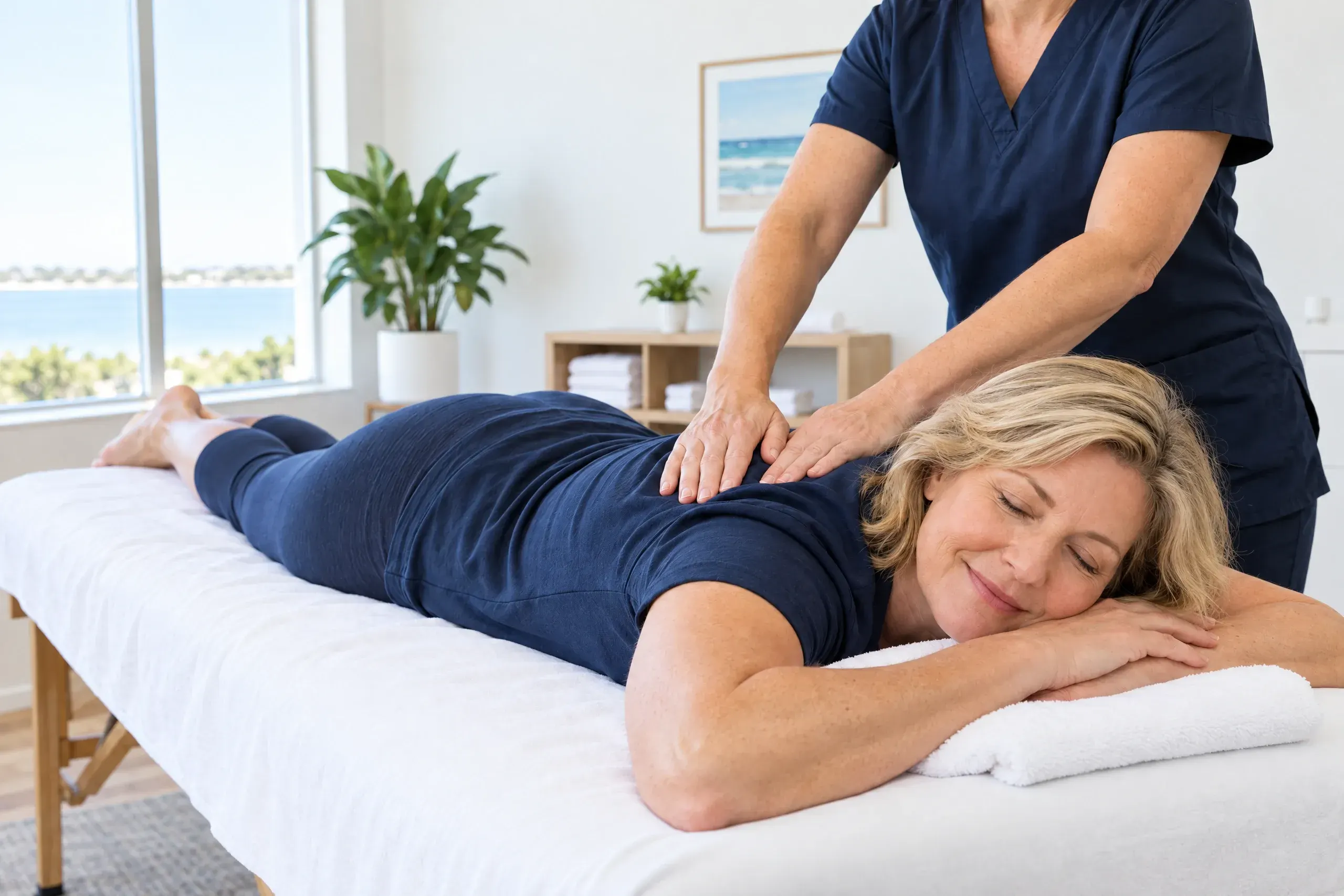 Woman in her 50s resting after a long day with widespread pain, seeking fibromyalgia treatment in Gulf Breeze, FL