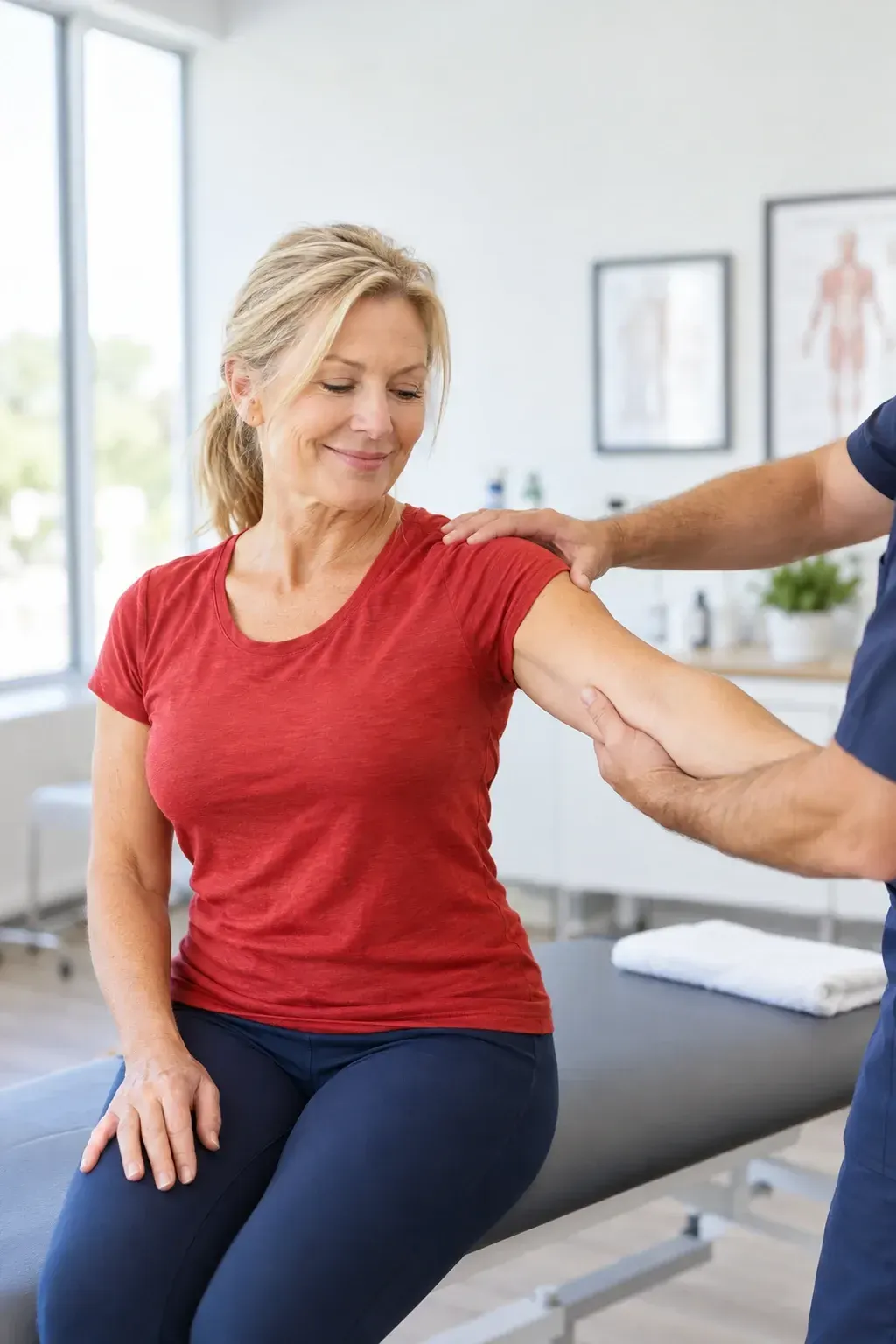 Adult in Gulf Breeze, FL rubbing a sore shoulder while reviewing signs of fibromyalgia before a pain consultation