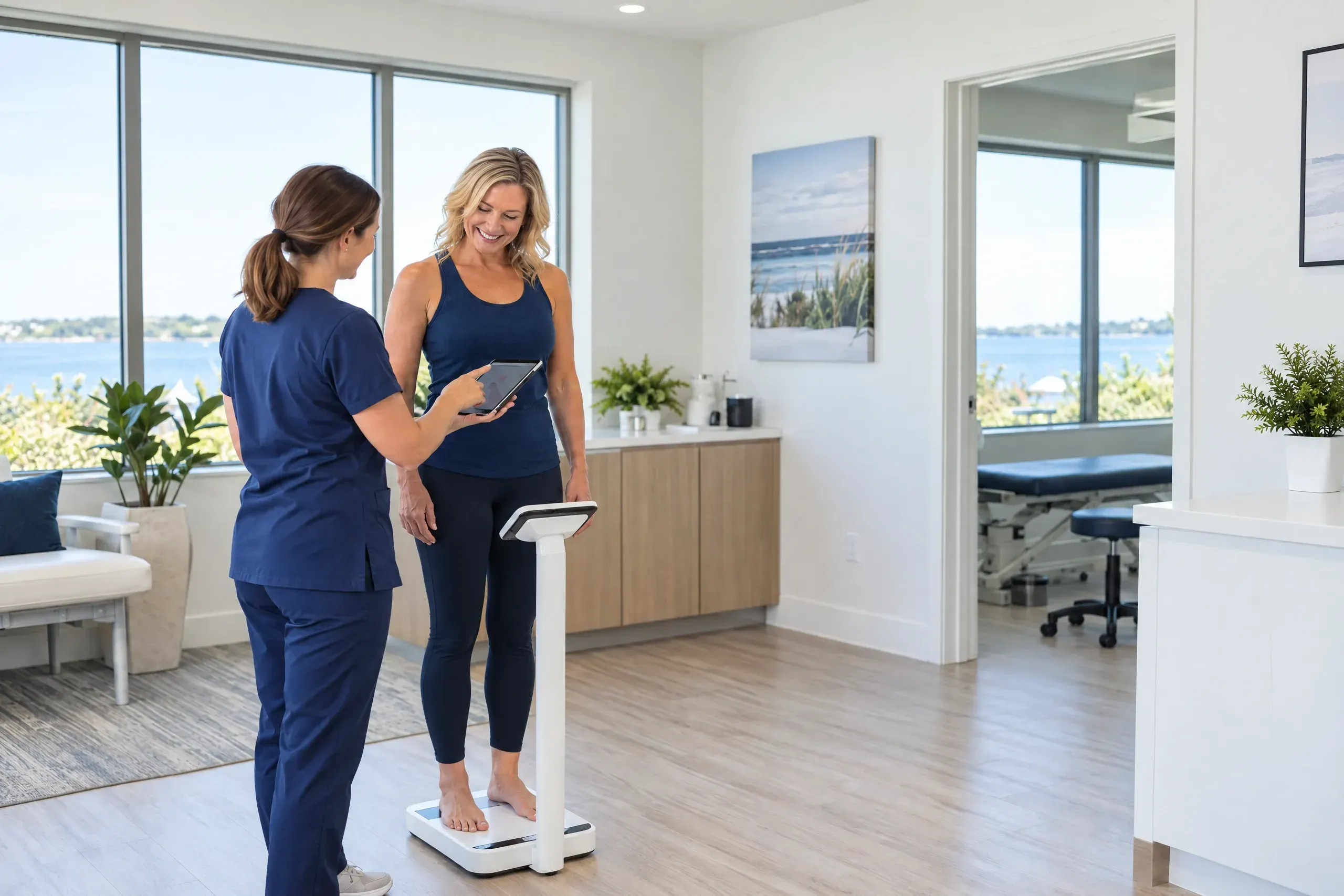 Adult patient talking with a physician about medical weight loss at Ready Pain Management in Gulf Breeze, FL