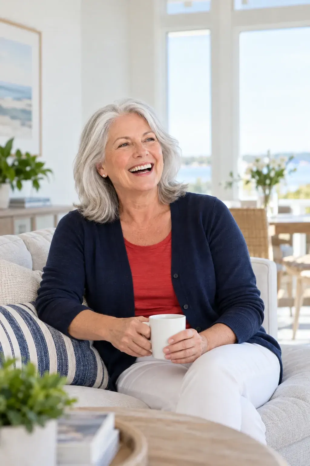 Confident woman in her fifties smiling in a clinic hallway, a typical candidate for medication management in Gulf Breeze