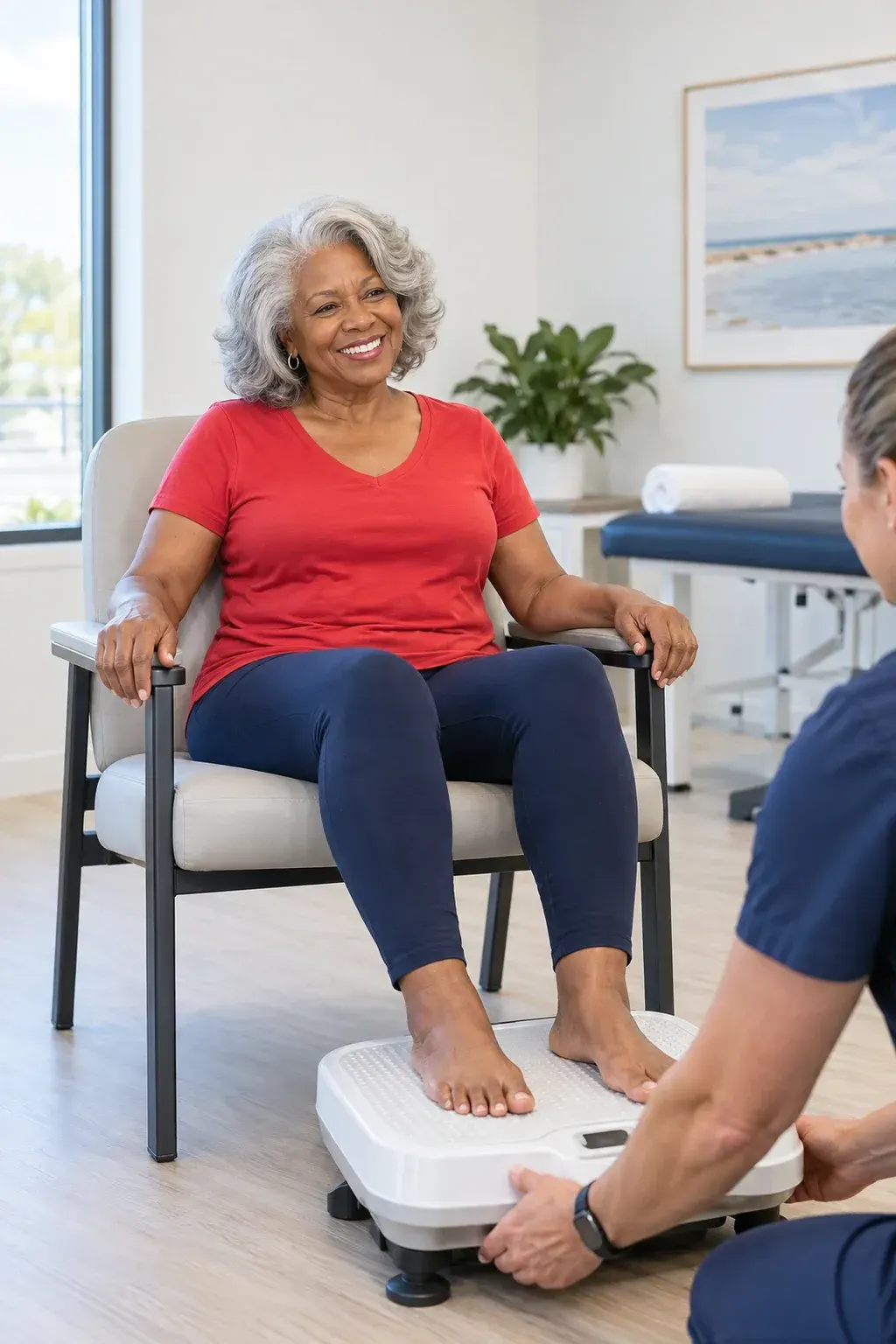 Close view of a patient's feet resting comfortably during a Nerve Reviver neuropathy session in Gulf Breeze, FL