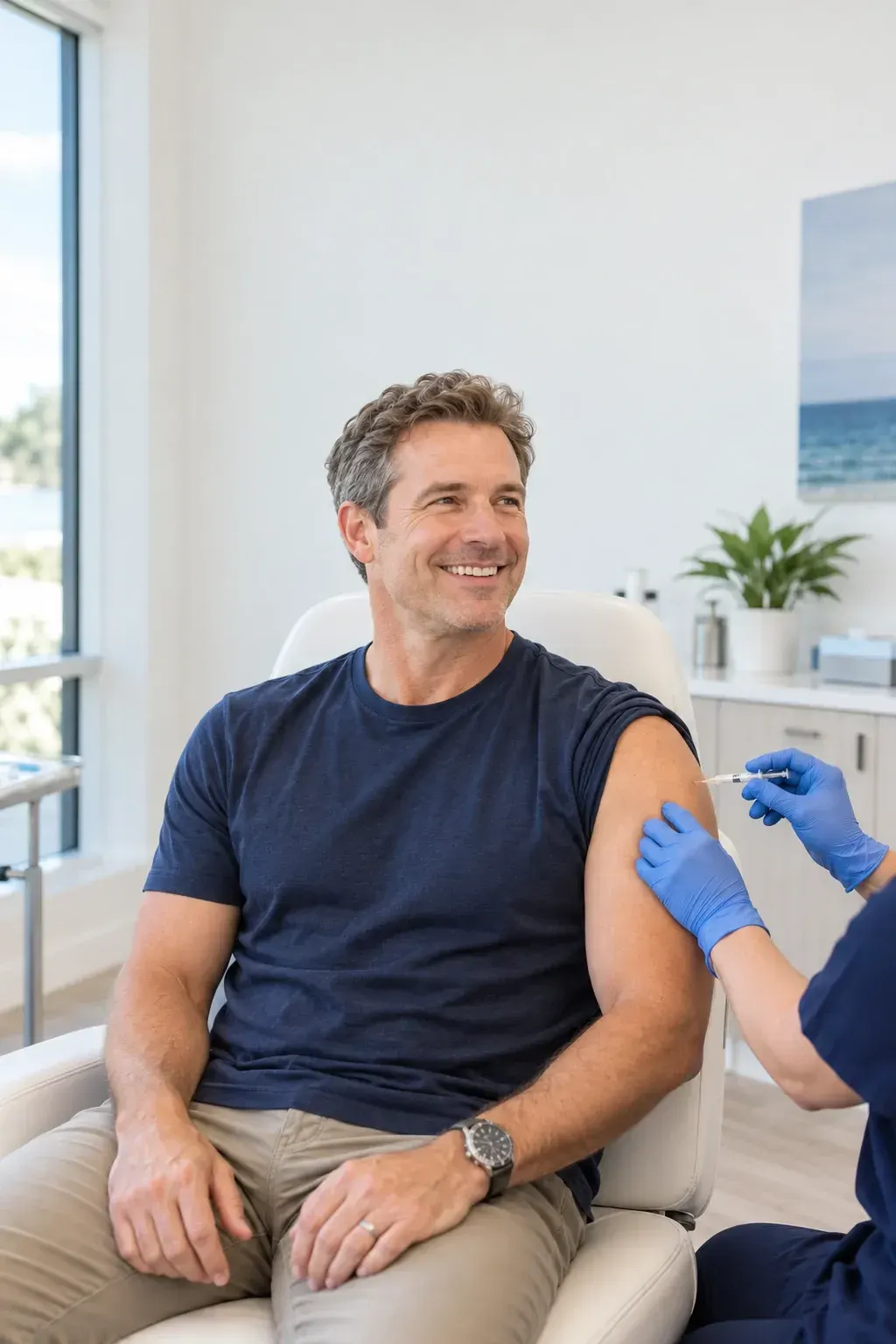 Man in his forties stretching a sore shoulder at home, a common reason patients ask about peptide therapy in Gulf Breeze