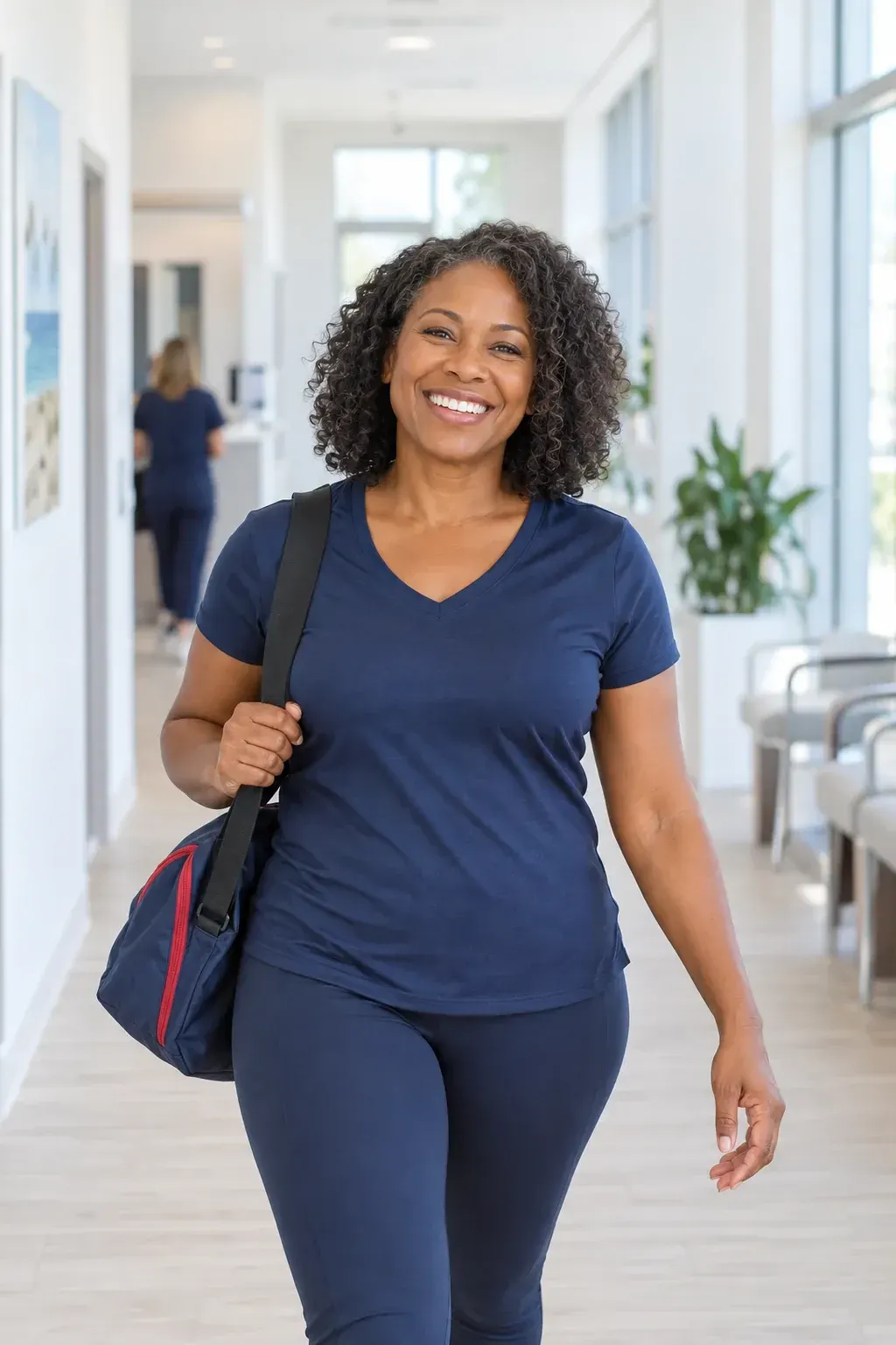Confident man in his fifties smiling in a clinic gym space, a typical candidate for a personalized treatment package