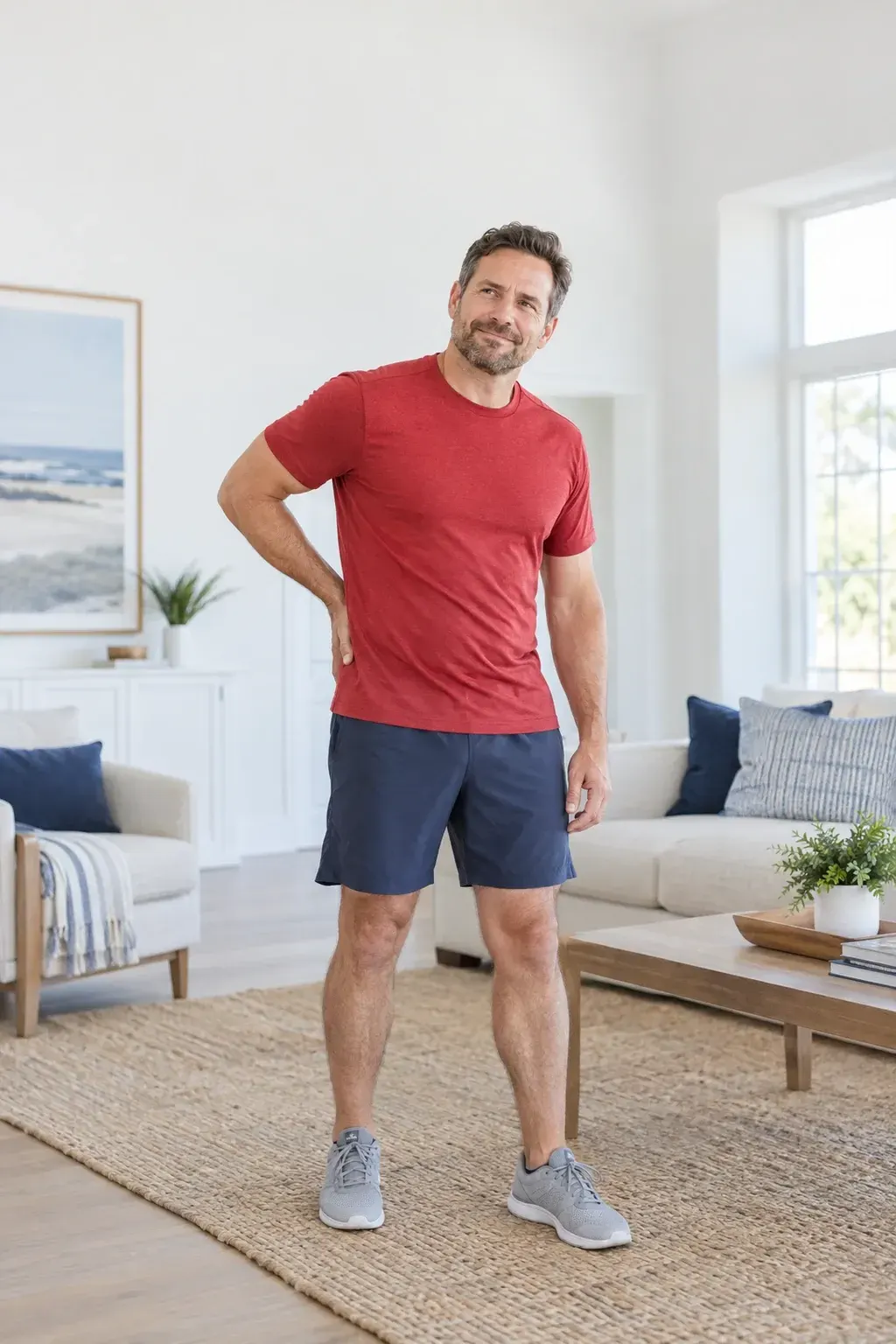 Adult sitting at a desk and rubbing the back of the thigh where sciatica leg pain often travels in Gulf Breeze, FL