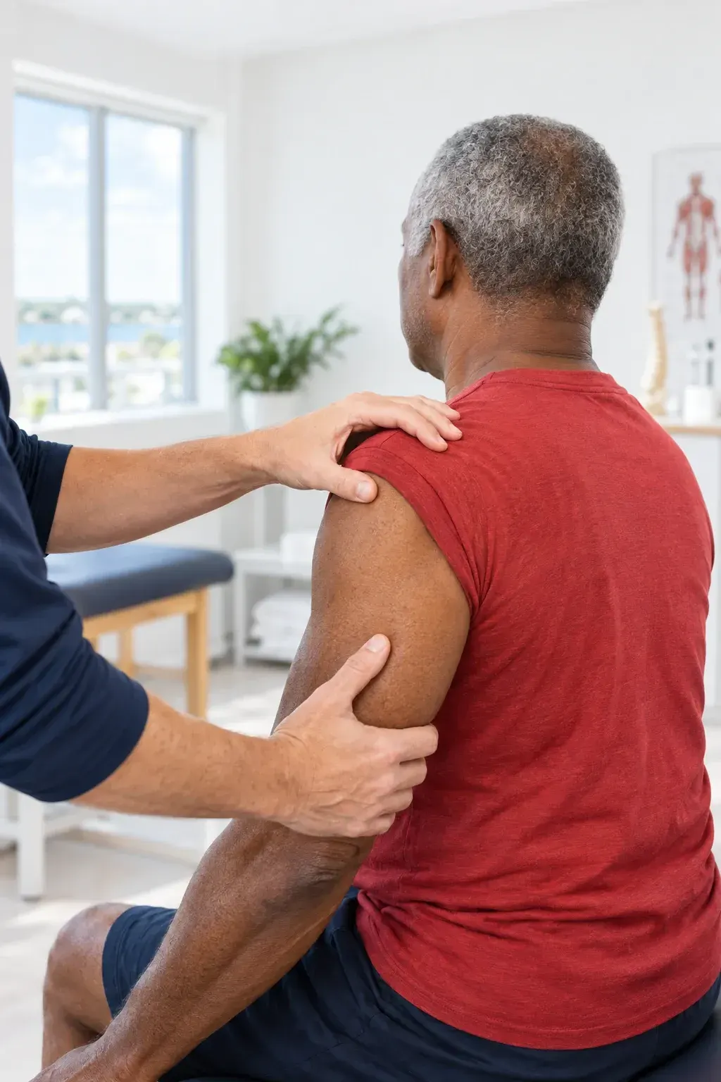 Bright, modern treatment room at Ready Pain Management in Gulf Breeze, Florida, prepared for shoulder pain visits