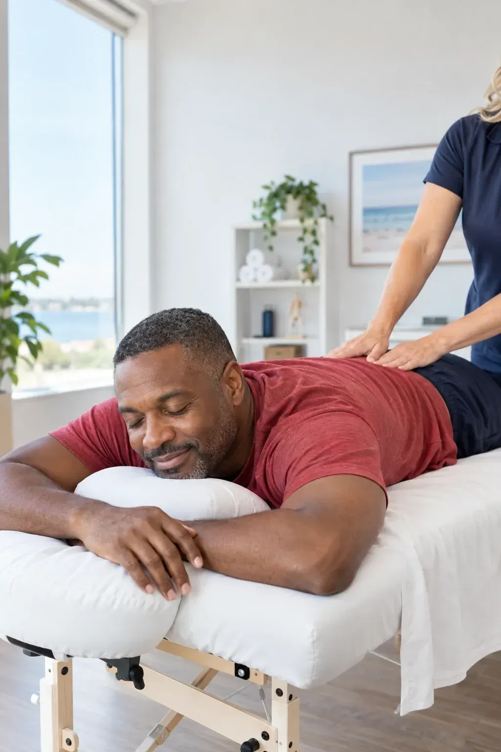 Adult woman holding a tense neck and shoulder at her desk, a common reason to book therapeutic massage in Gulf Breeze