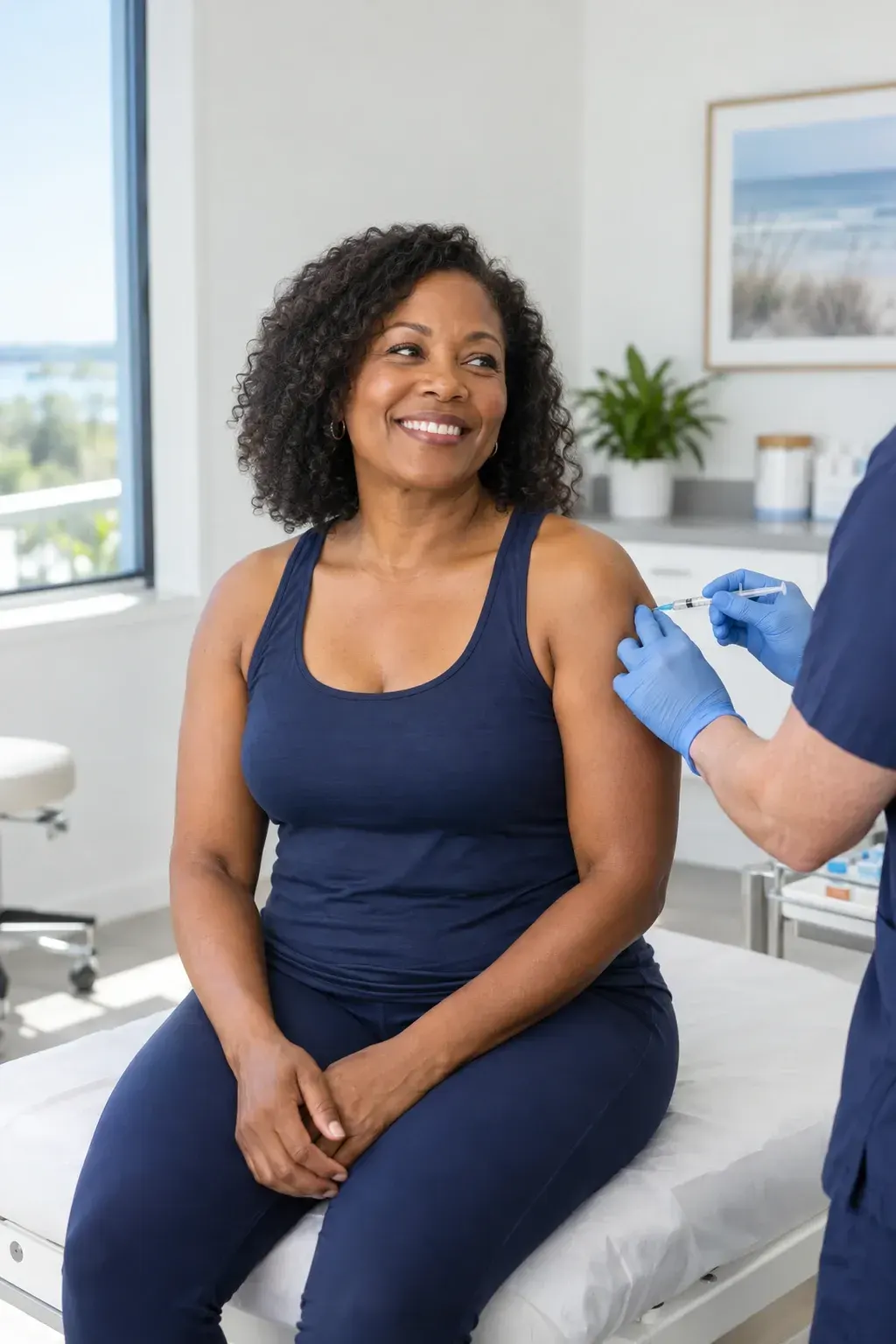 Woman rubbing a tight shoulder muscle knot before trigger point injections for myofascial pain in Gulf Breeze, FL